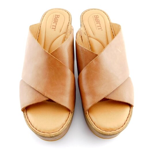 New BORN Cognac Brown Leather Crisscross Strap Block Heel Slide Sandals 8 - Picture 3 of 8